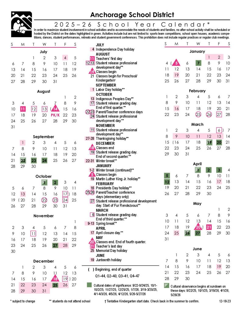 Anchorage School District Calendar 2025-2026