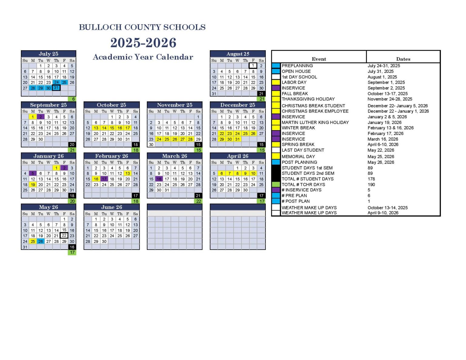 Bulloch County Schools Calendar 2025-2026 | Georgia