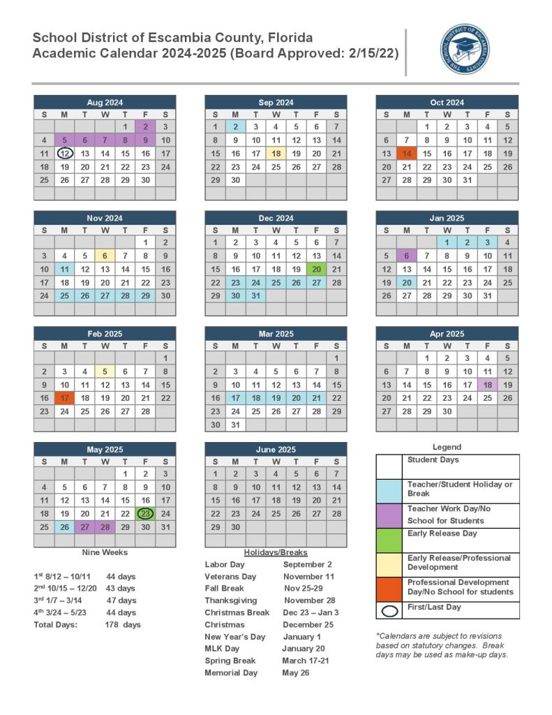 Escambia County School District Calendar.