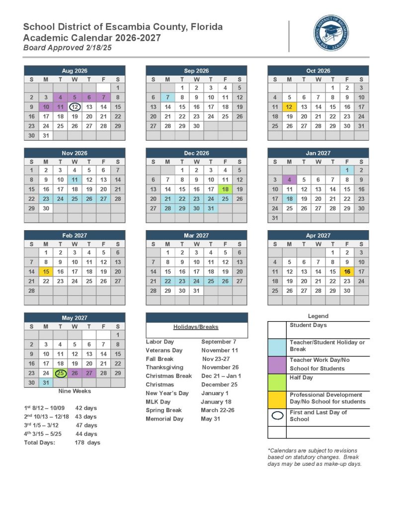 Escambia County School District Calendar 2026-27