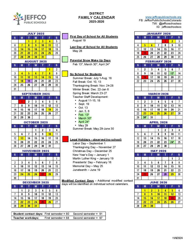 Jeffco Public Schools Calendar 2025-2026