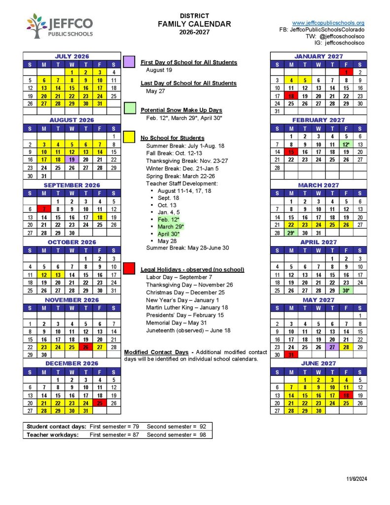 Jeffco Public Schools Calendar 2026-2027