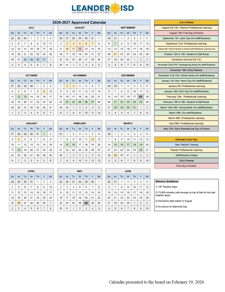 Leander ISD Calendar 2026-27