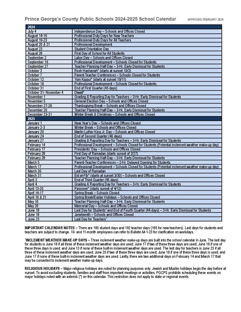 Prince George's County Public Schools Calendar