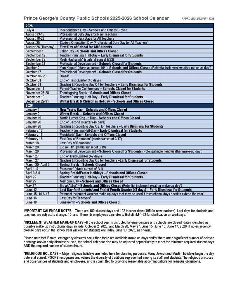 Prince George's County Public Schools Calendar 2025-2026