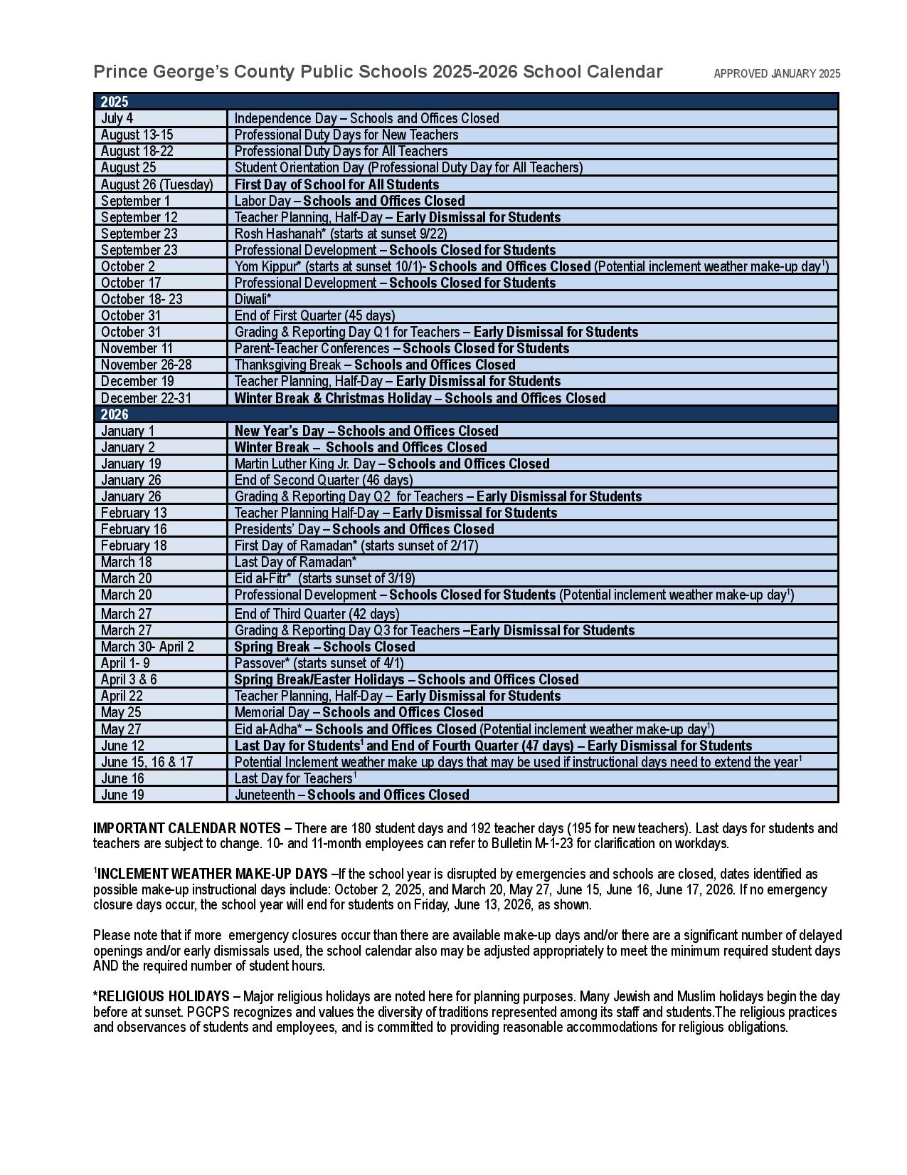 Prince George #39 s County Public Schools Calendar 2025 2026 Prince George #39 s County Public Schools Calendar 2025 2026