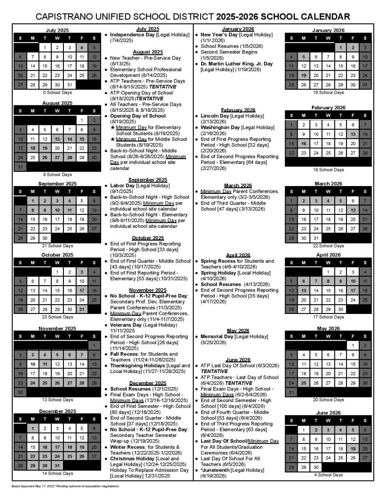 Capistrano Unified School District Calendar 2025