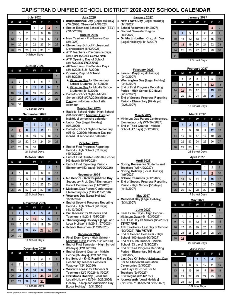Capistrano Unified School District Calendar 2026-27