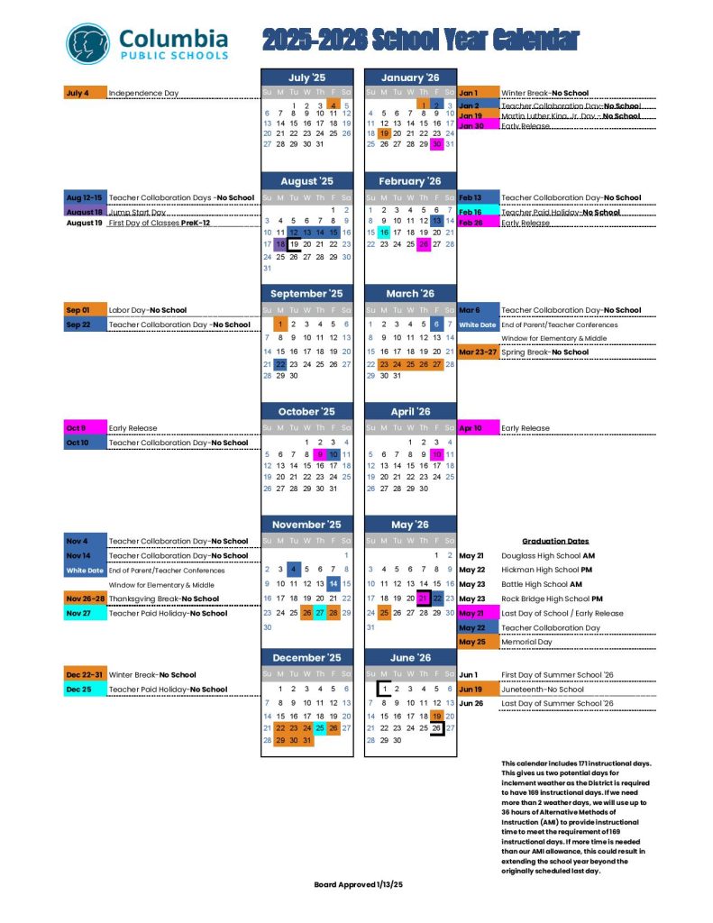 Columbia Public Schools Calendar 2025