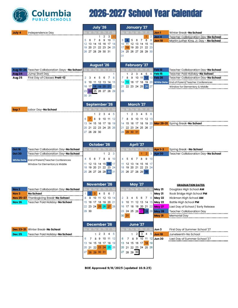 Columbia Public Schools Calendar 2026-2027