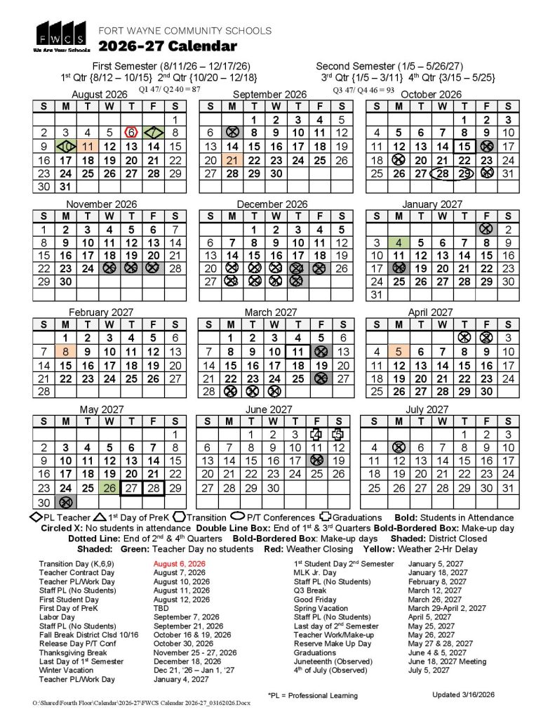 Fort Wayne Schools Calendar 2026-2027