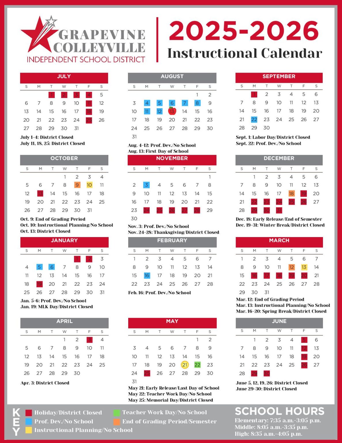 Grapevine Colleyville ISD Calendar 2025 2026 GCISD Holidays