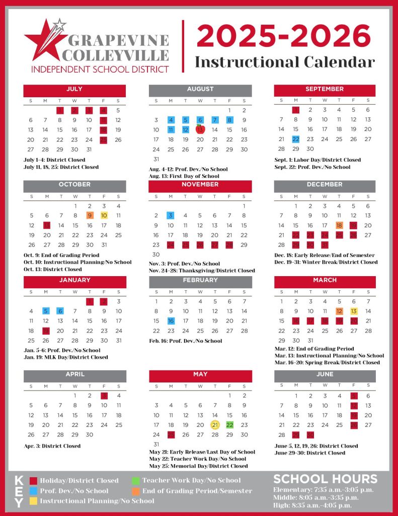 Grapevine Colleyville ISD Calendar 2025-2026