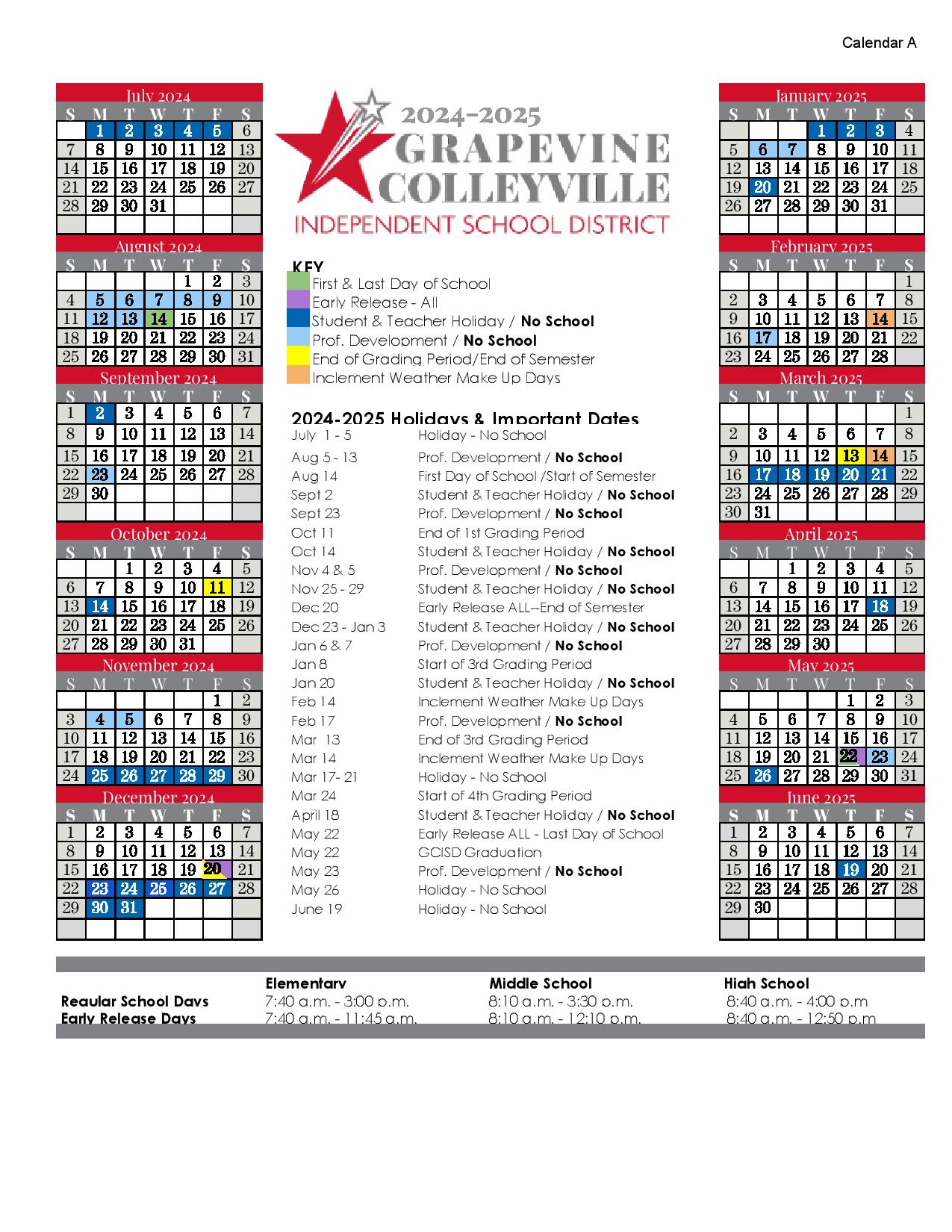 Grapevine Colleyville ISD Calendar 20242025 GCISD Holidays