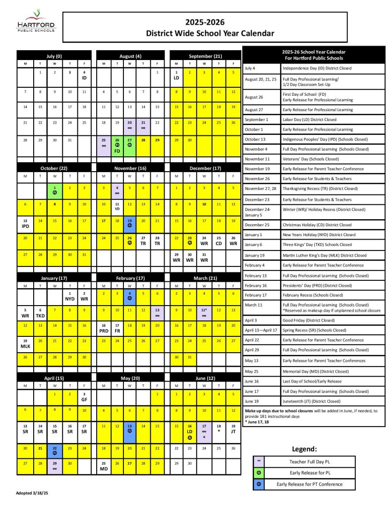 Hartford Public Schools Calendar 2025