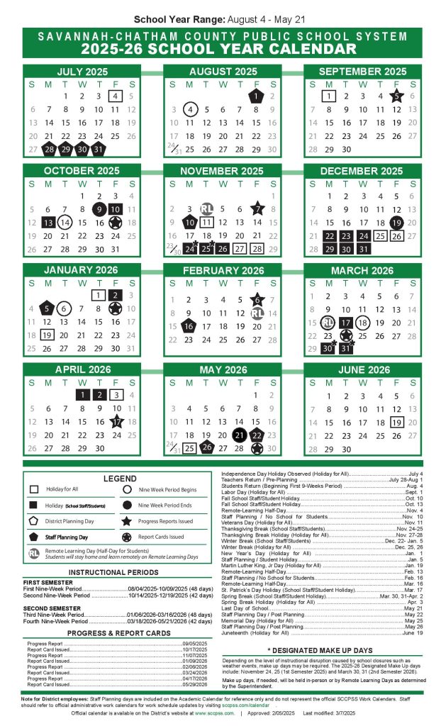 SCCPSS Schools Calendar 2025