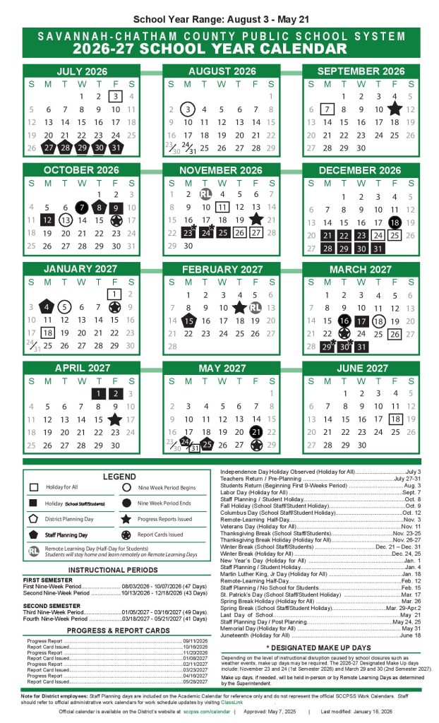 SCCPSS Schools Calendar 2026-2027