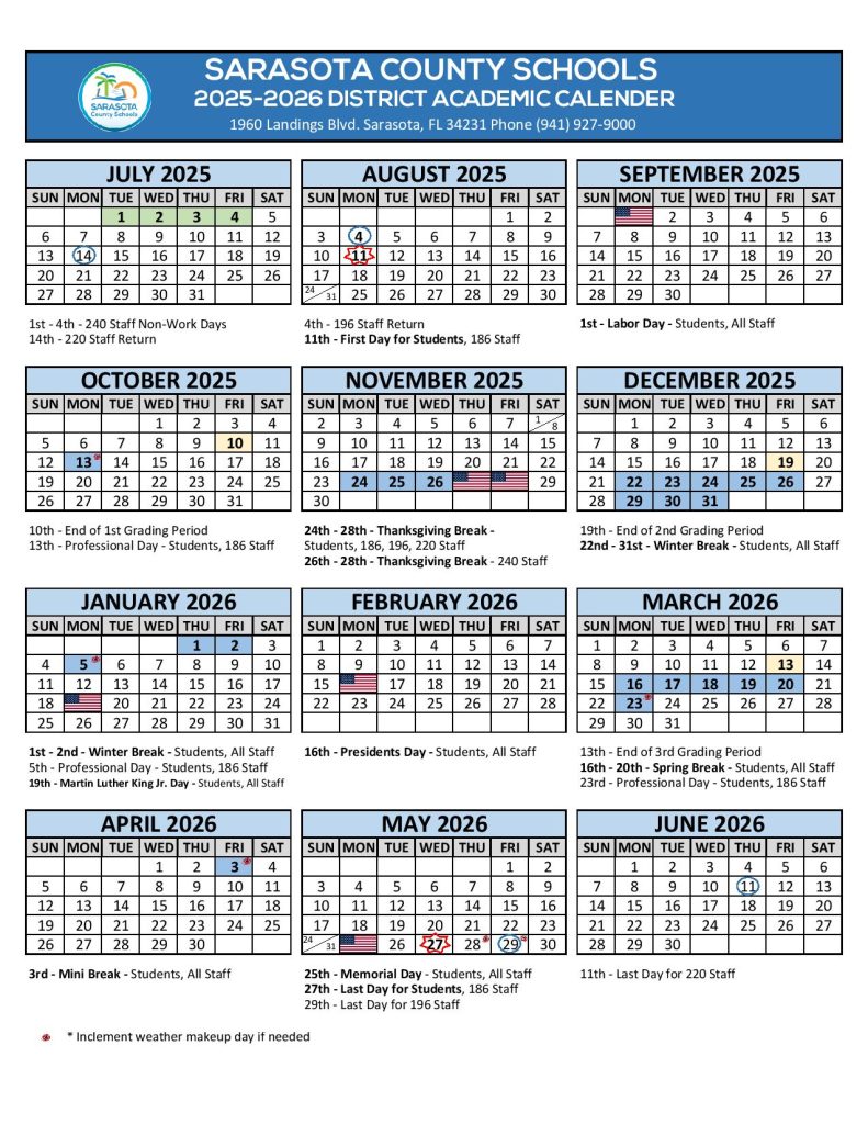 Sarasota County Schools Calendar 2025-2026