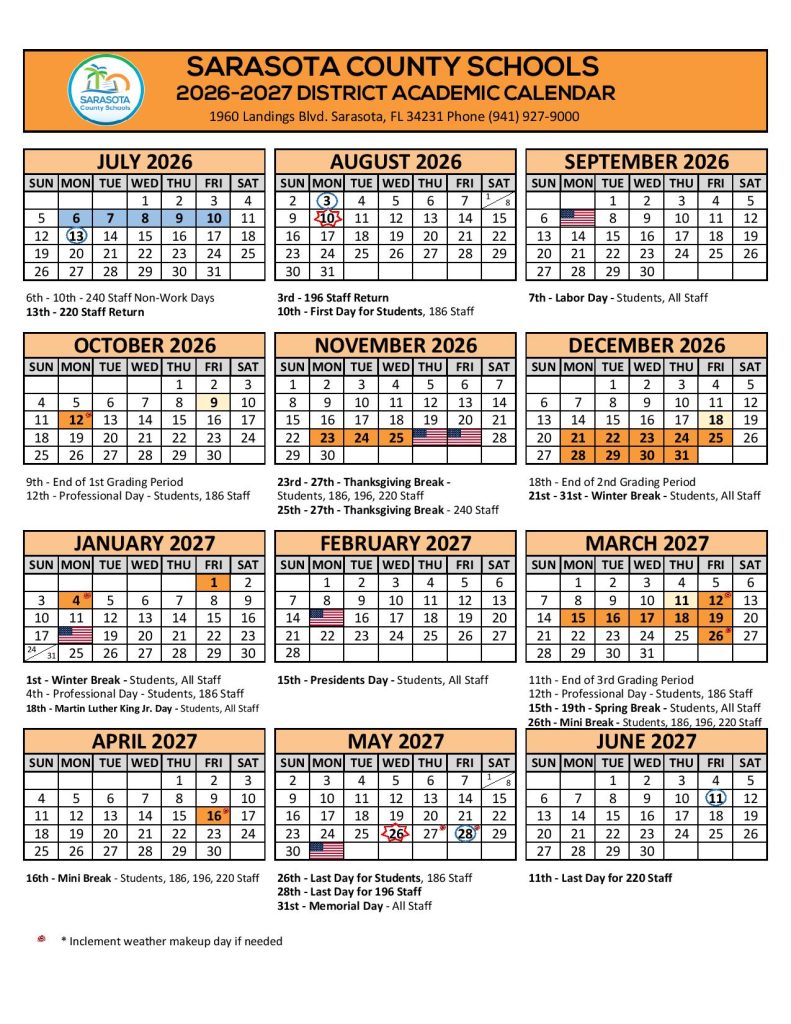 Sarasota County Schools Calendar 2026-27