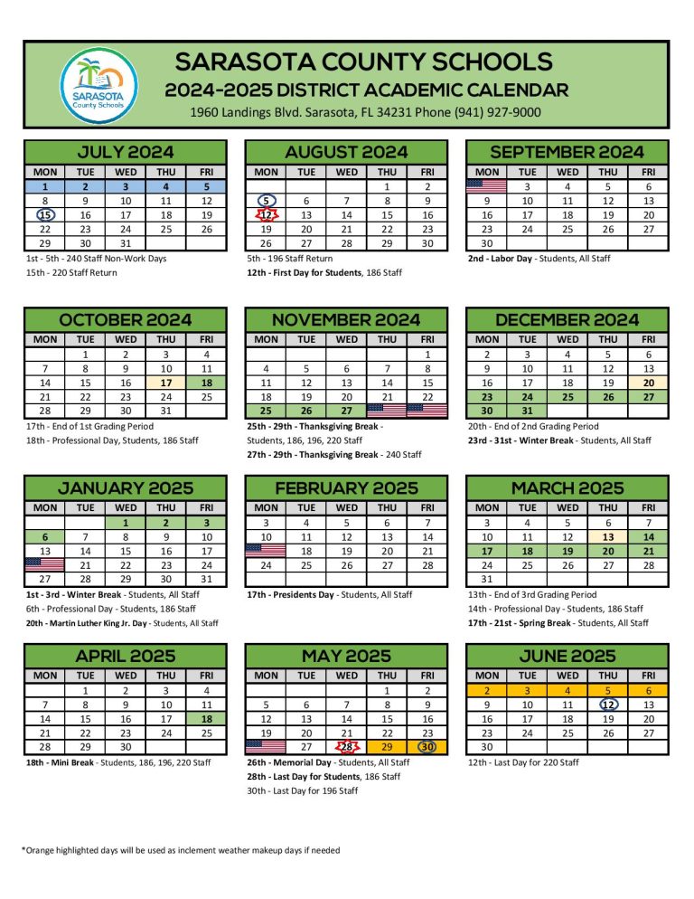 Sarasota County Schools Calendar 20242025 Florida