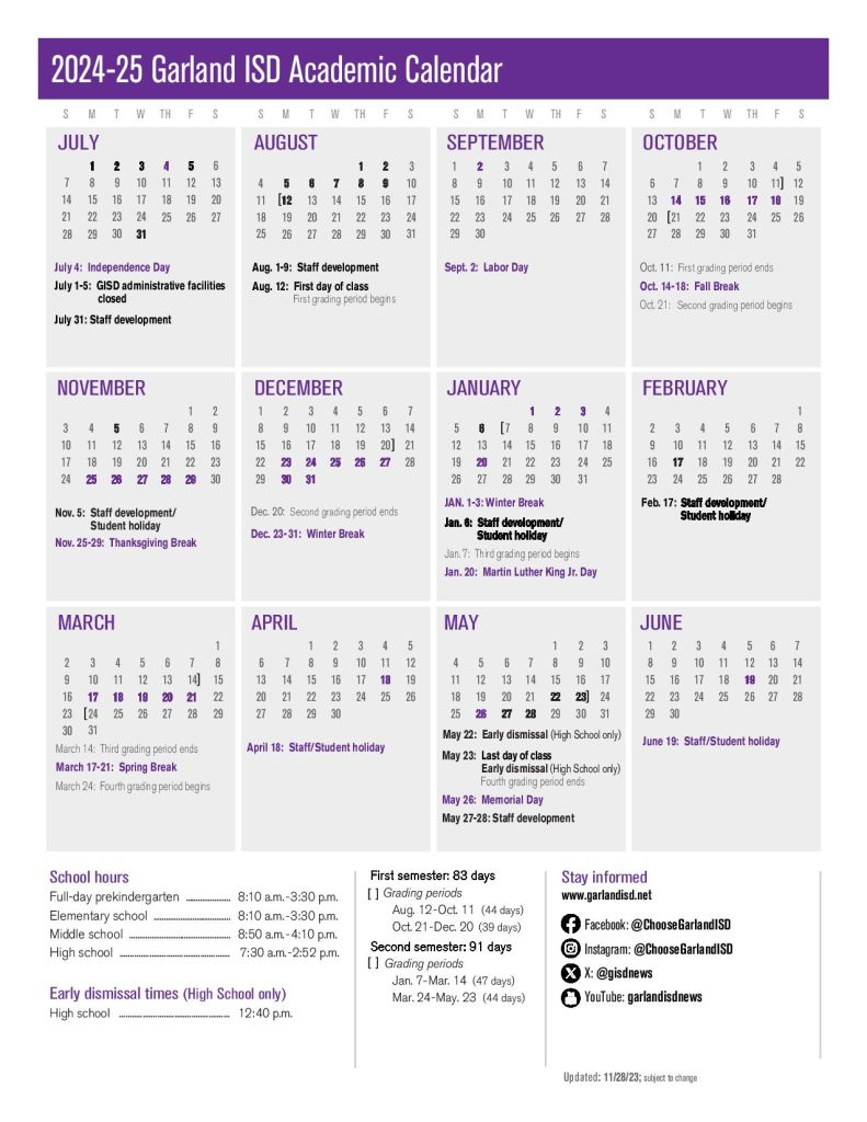 Garland Independent School District Calendar