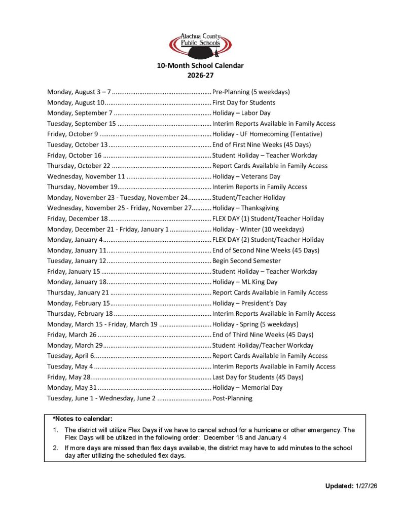 Alachua County Public Schools Calendar 2026-2027