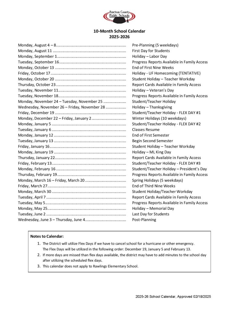 Alachua County Public Schools Calendar 2025-2026