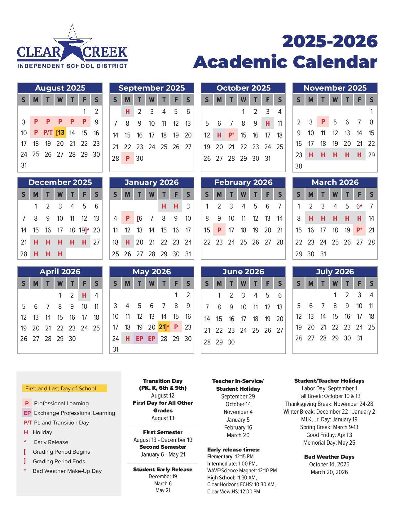 Clear Creek ISD Calendar 20252026 CCISD Holidays