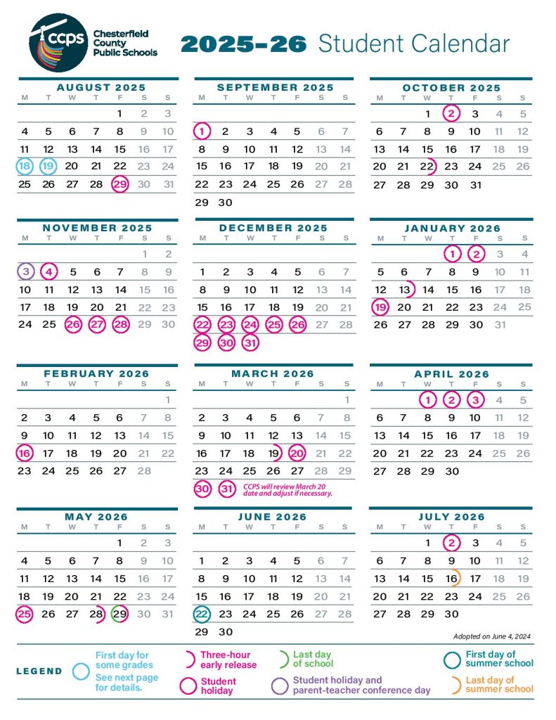 Chesterfield County Public Schools Calendar 2025-2026