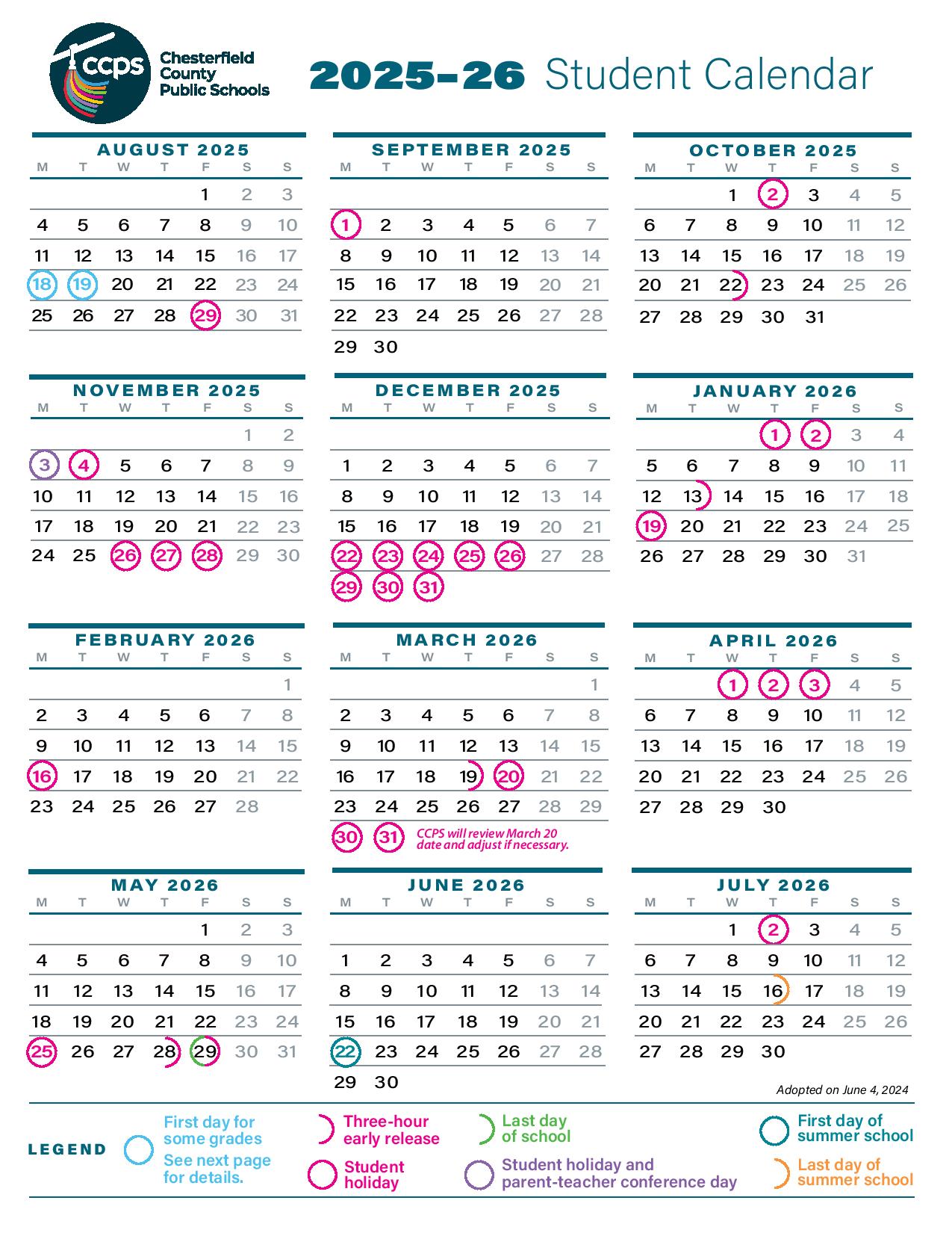 Chesterfield County Public Schools Calendar 2025 2026 PDF