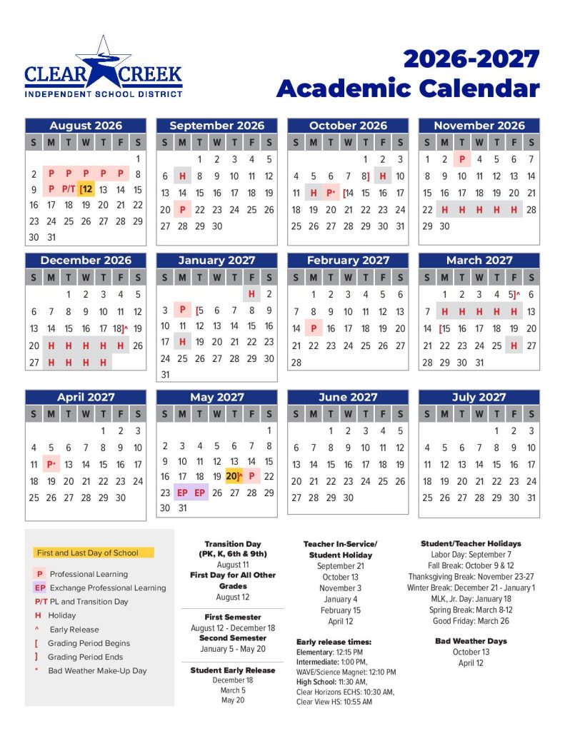 Clear Creek ISD Calendar 2026-2027