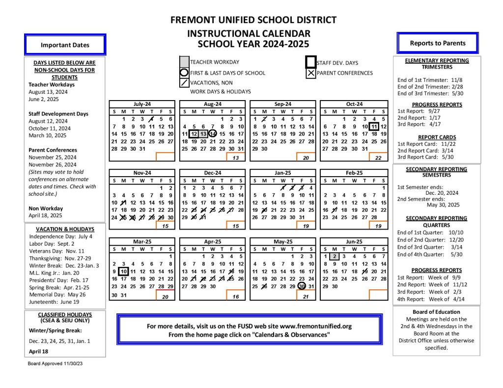 Fremont Unified School District Calendar