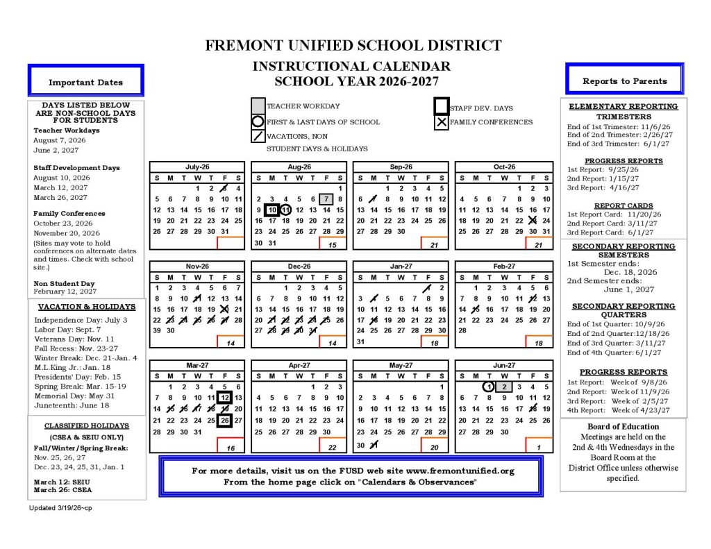 Fremont Unified School District Calendar 2026-2027