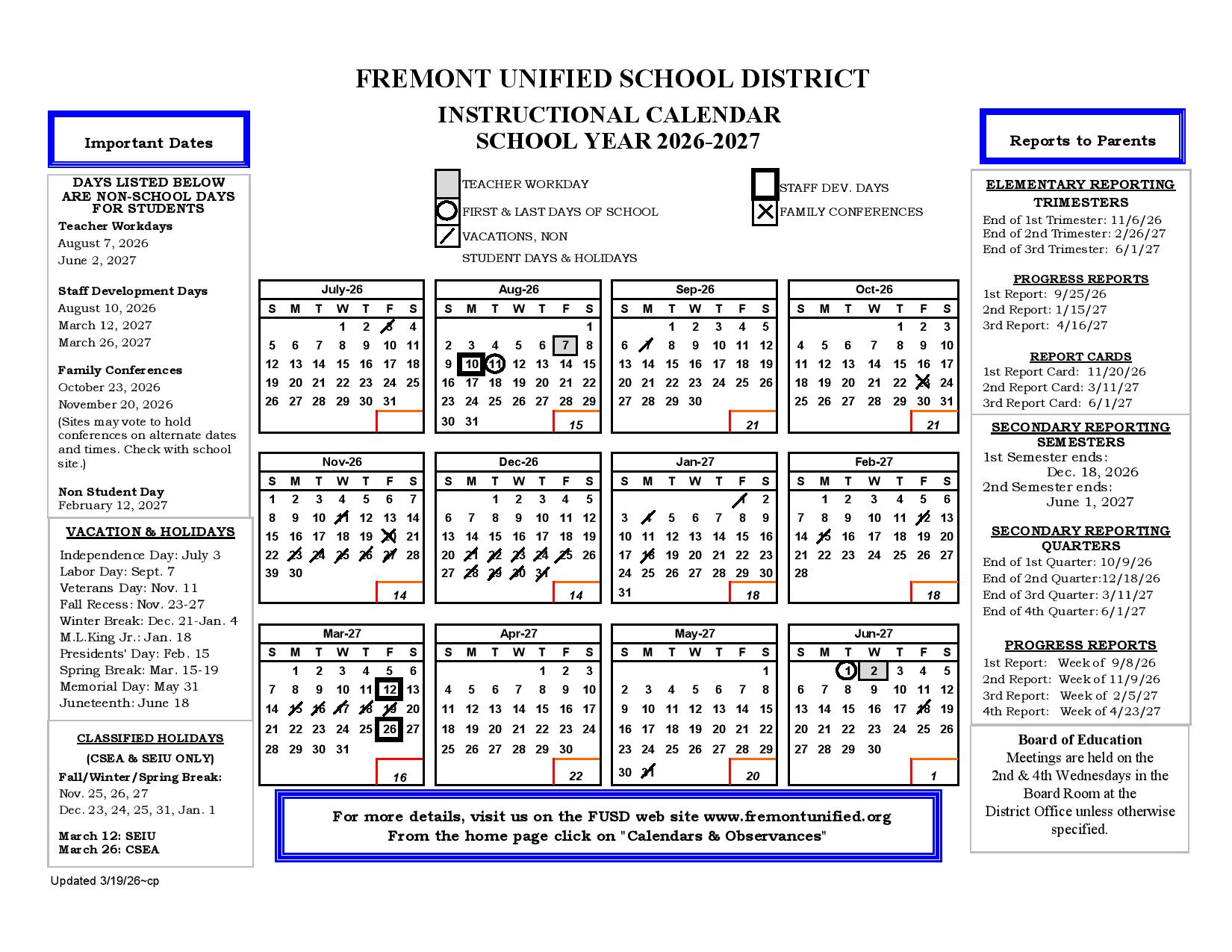 Fremont Unified School District Calendar 2026-2027 | FUSD