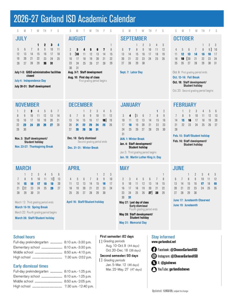 Garland Independent School District Calendar 2026-2027