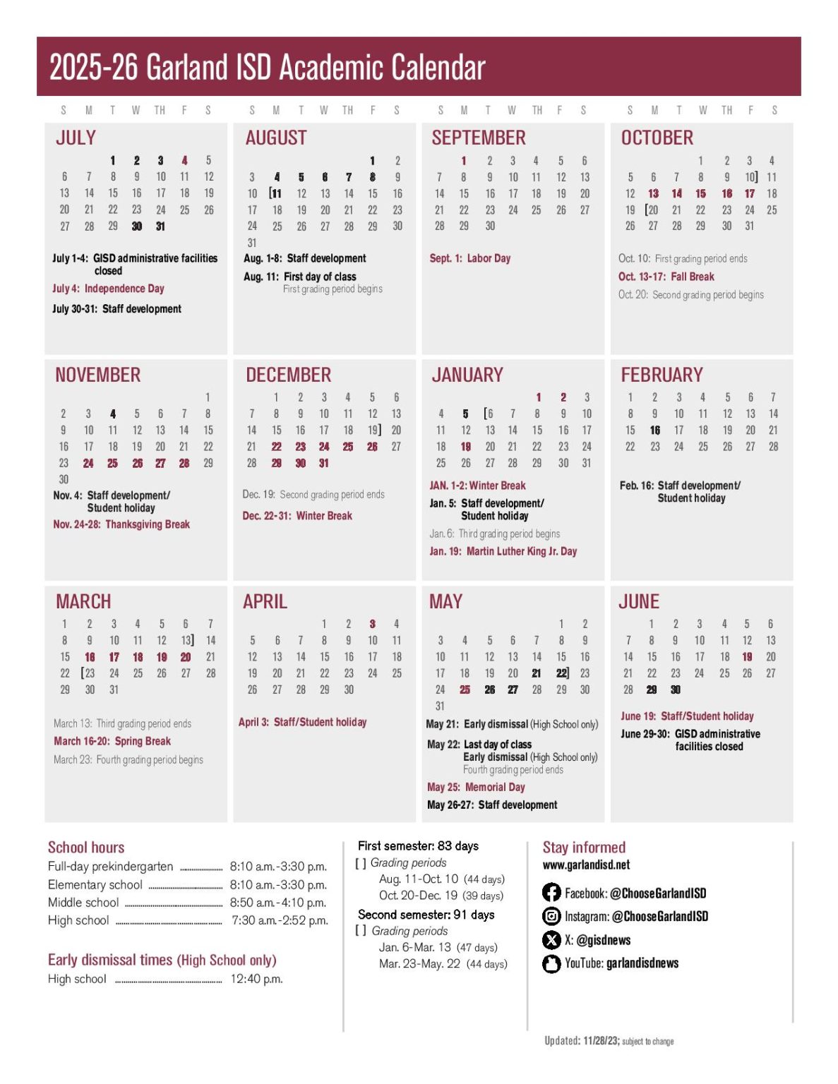 Garland Independent School District Calendar 20252026 GISD
