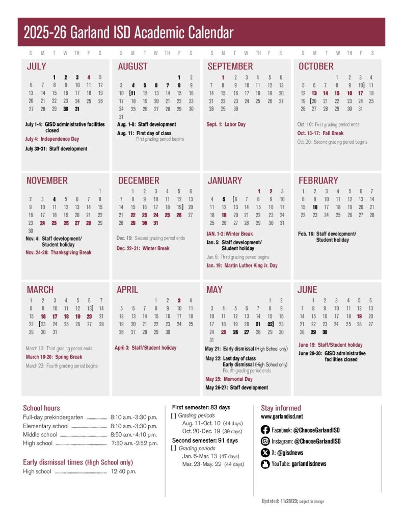Garland Independent School District Calendar 2025-2026