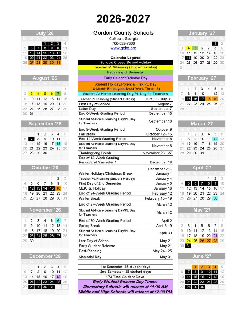 Gordon County School District Calendar 2026-27