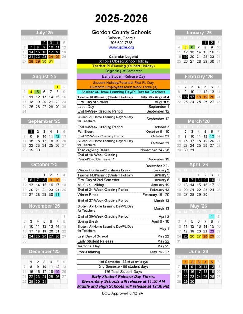 Gordon County School District Calendar 2025-2026