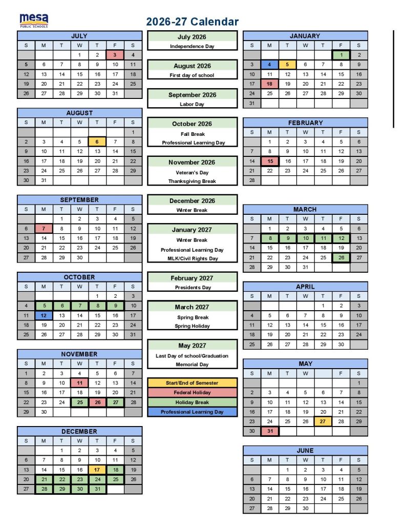 Mesa Public Schools Calendar 2026