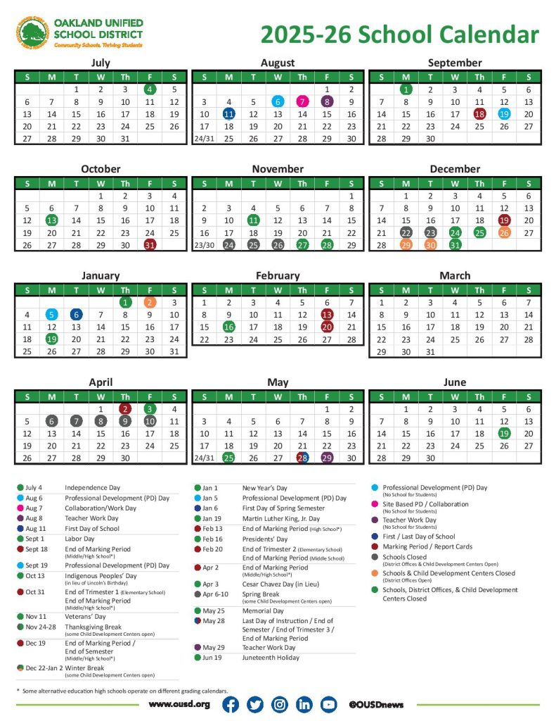 Oakland Unified School District Calendar 2025-2026