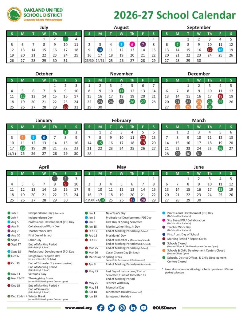 Oakland Unified School District Calendar 2026-2027