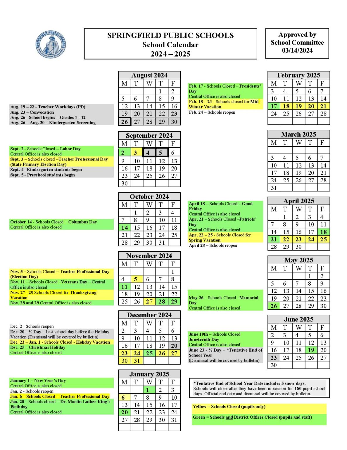 Springfield Public Schools Calendar 20242025 Massachusetts