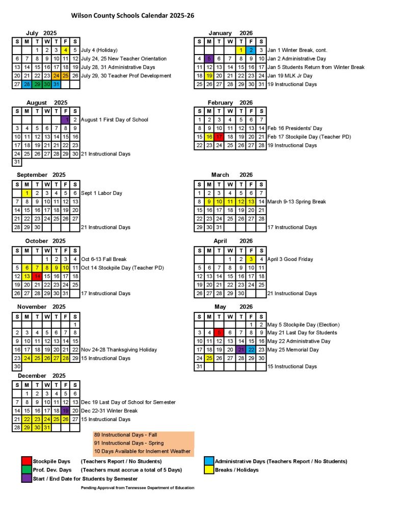 Wilson County Schools Calendar 2025-2026