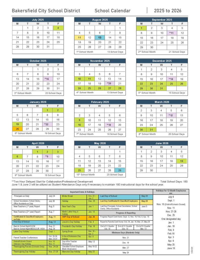 Bakersfield City Schools Calendar 2025