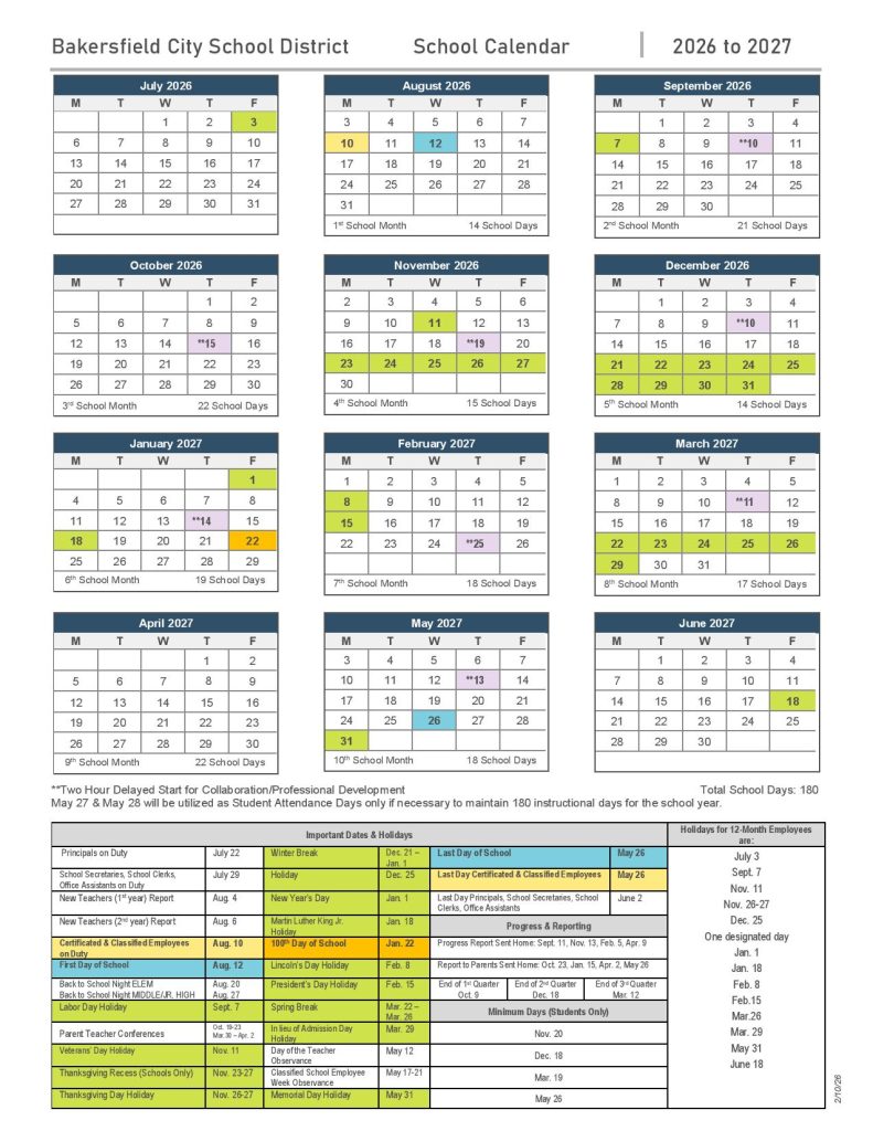 Bakersfield City Schools Calendar 2026-2027