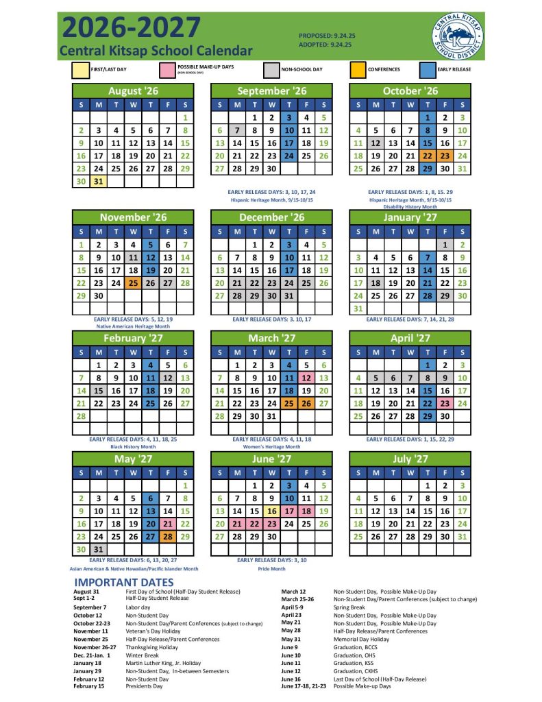 Central Kitsap School District Calendar 2026-2027