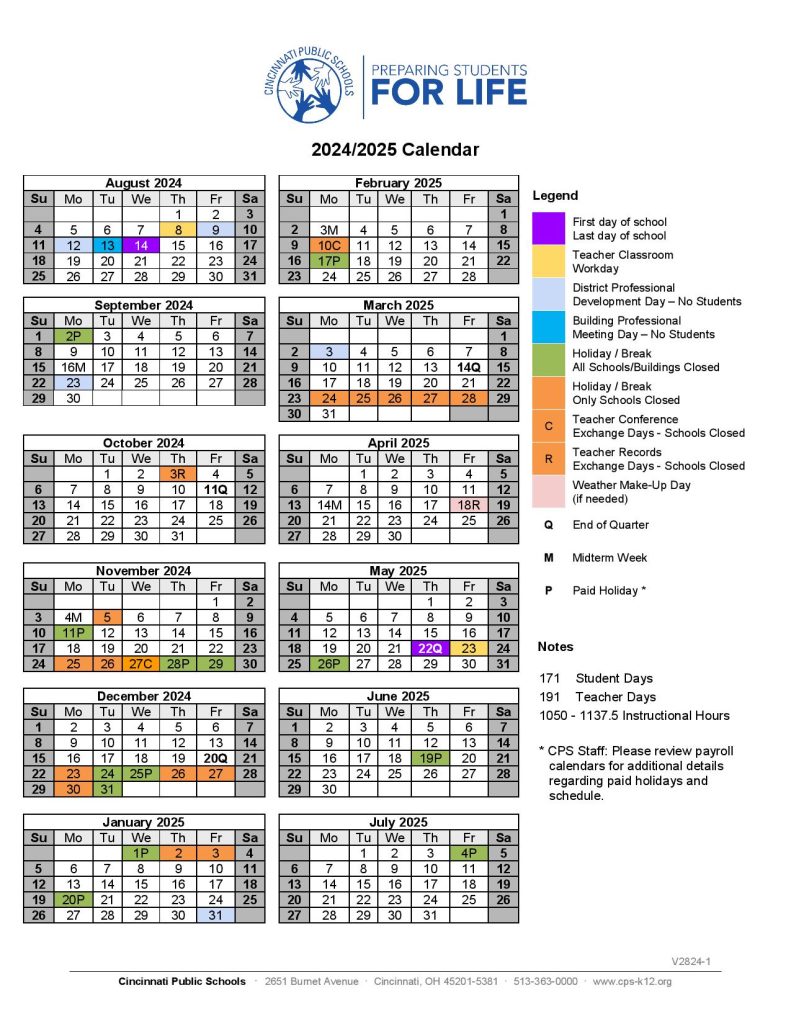 Cincinnati Public Schools Calendar 20242025 Printable