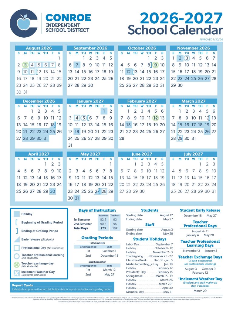 Conroe ISD Calendar 2026-2027