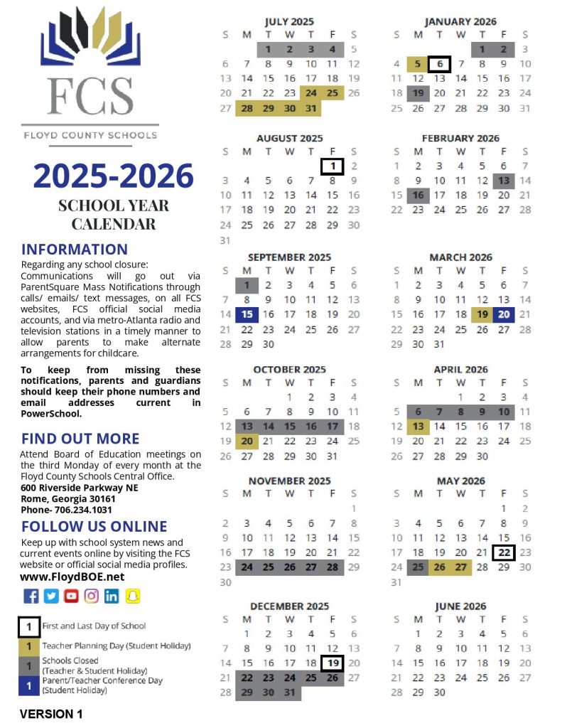 Floyd County Schools Calendar 2025-2026